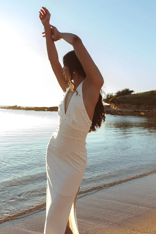 Crystal Lake Halter Neck Pearl Maxi Dress White