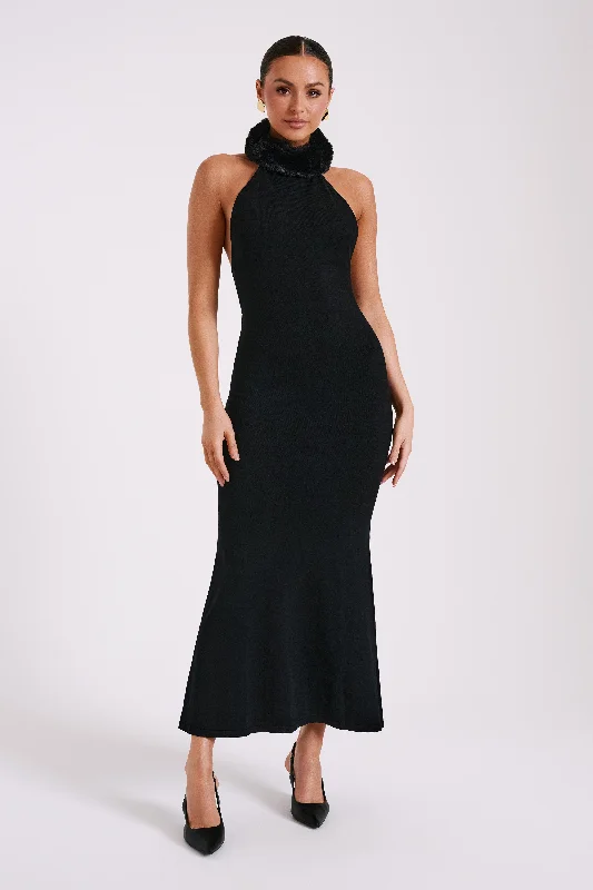 Elva Halter Knit Maxi Dress With Faux Fur - Black