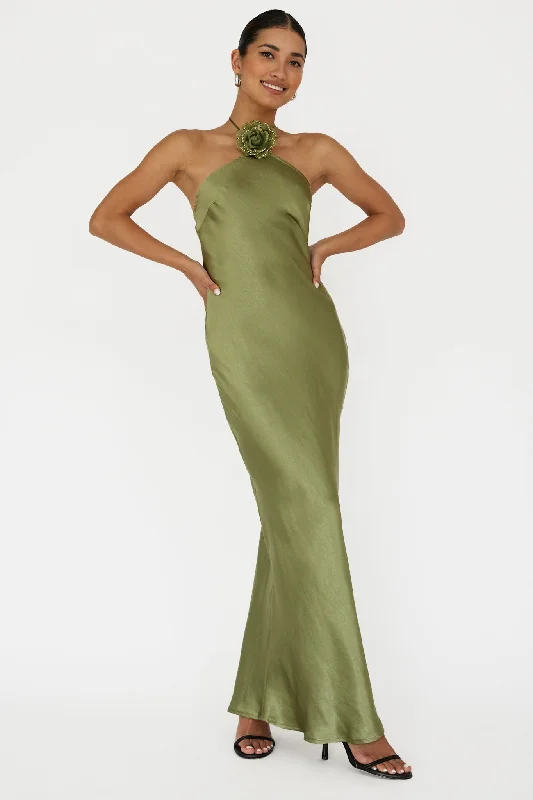 High Roller Flower Decoration Halter Dress Olive