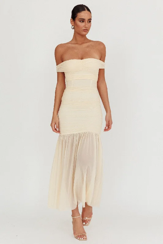 La Salle Off Shoulder Mesh Maxi Dress Ivory