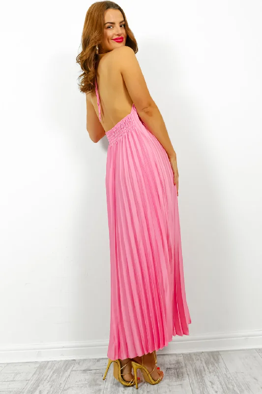 Oh So Darling - Pink Halter Neck Pleated Maxi Dress