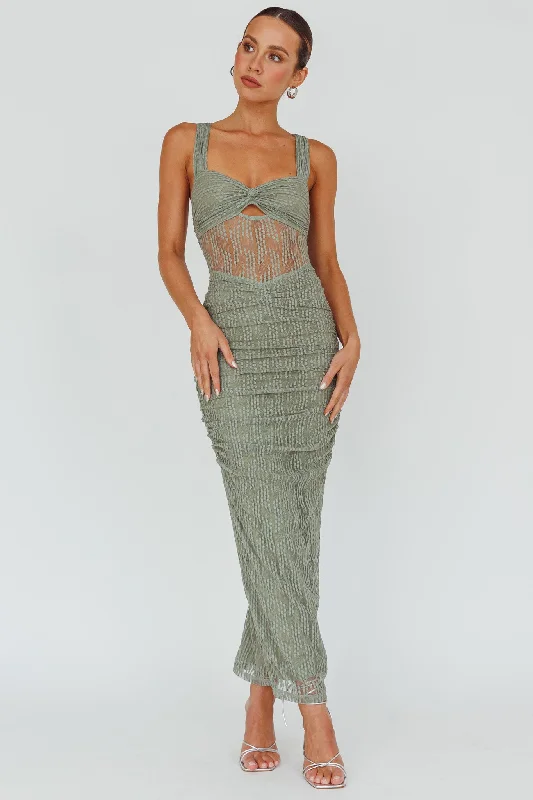 Oliana Embroidered Mesh Midi Dress Fern