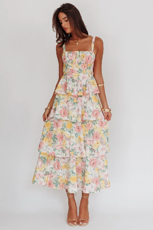 Provence Bloom Tiered Ruffle Maxi Dress Floral