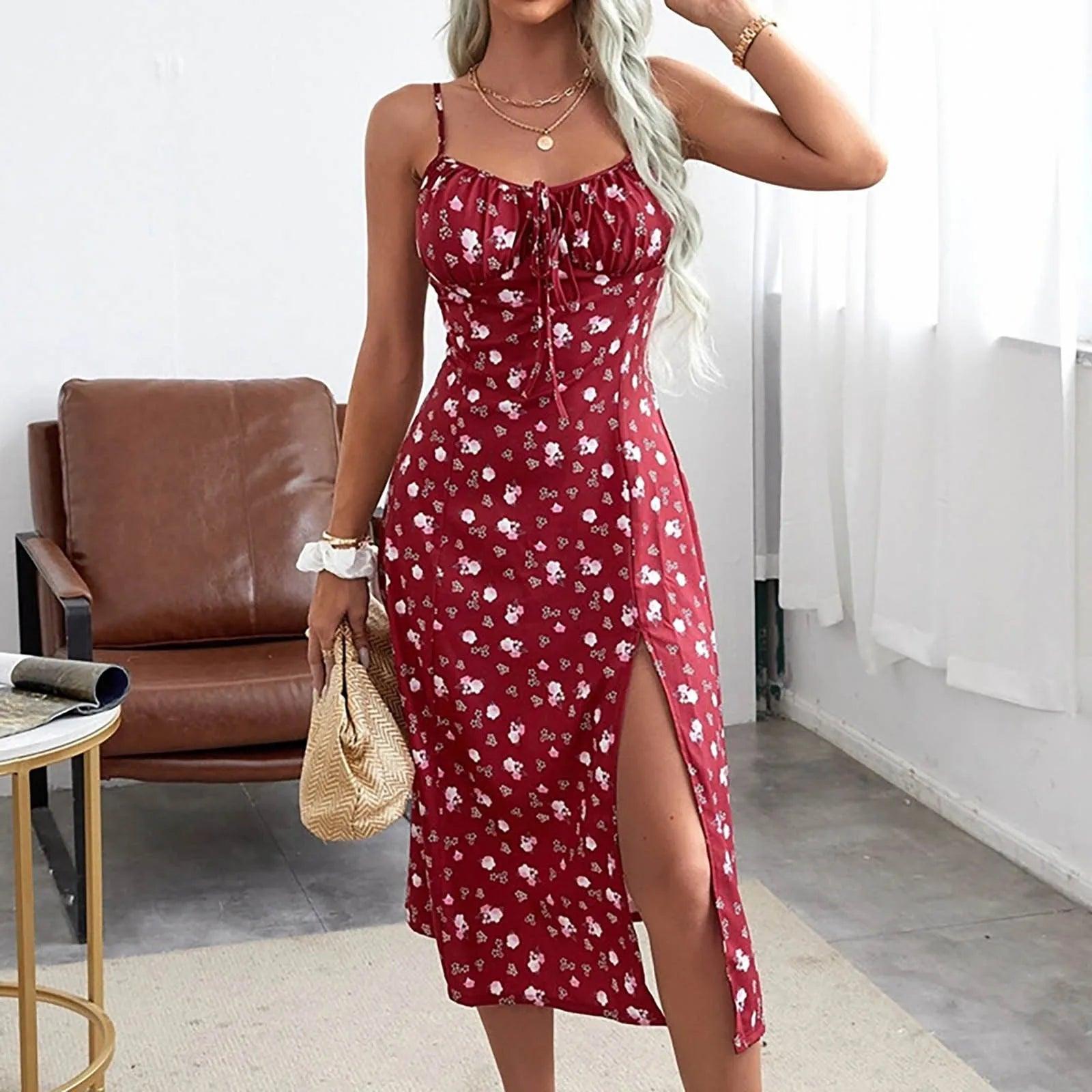 Red Floral Maxi Leg Slit Bodycon Dress