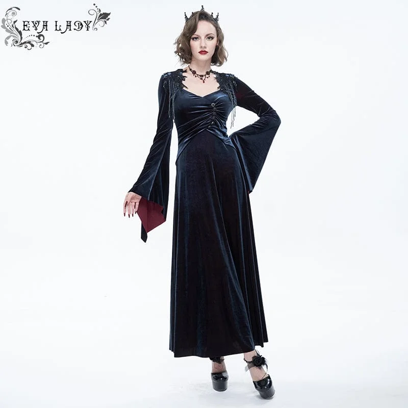 Women's Gothic Flare Sleeved Velet Maxi Wedding Dress With Shoulder Boards Dark Blue