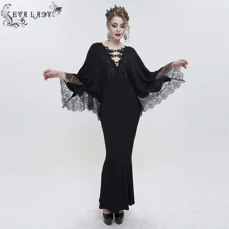 Women's Gothic Plunging Floral Embroidered Lace Splice Dress