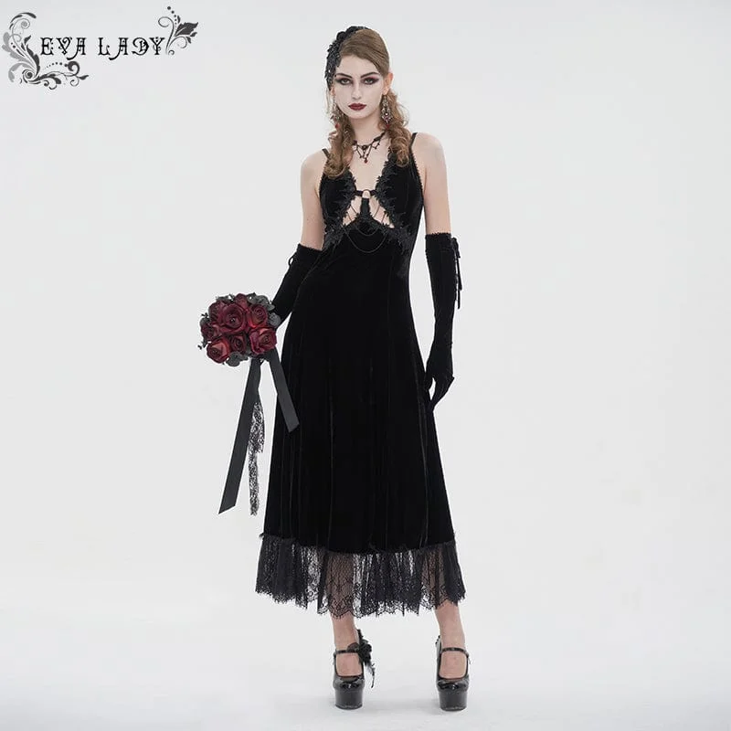 Women's Gothic Plunging Lace-up Lace Hem Slip Dress Black