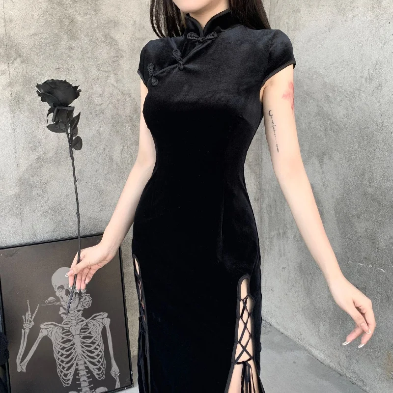 Women's Gothic Side Slit Black Velet Cheongsam Dress