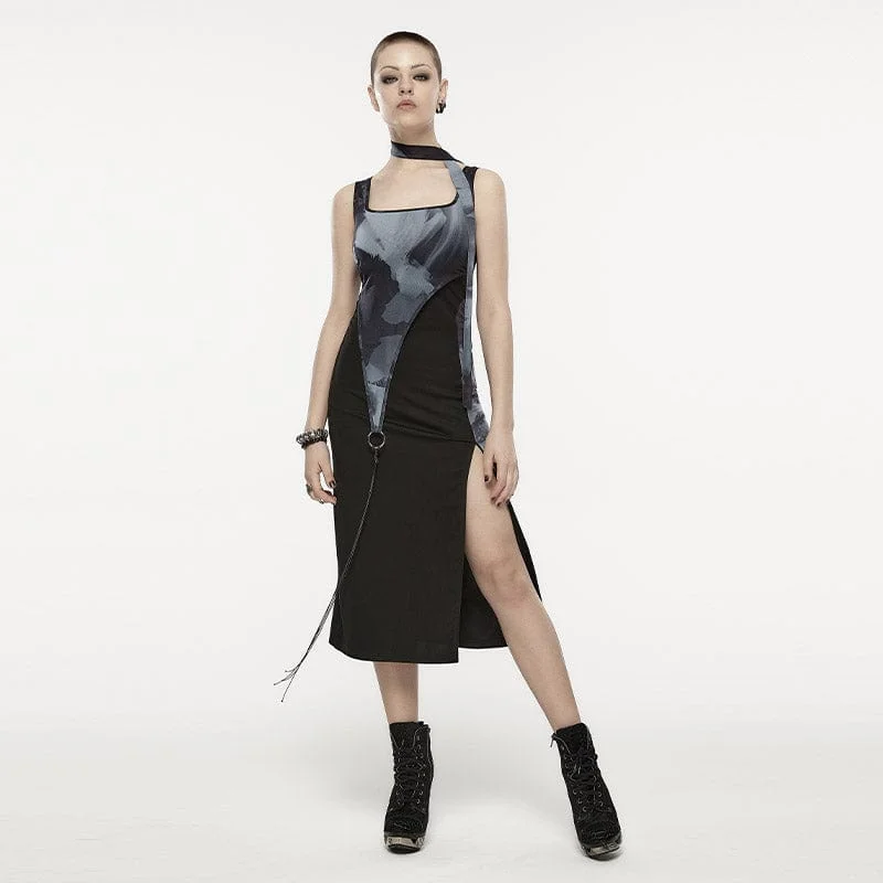 Women's Grunge Ink Printed Split Slip Dress with Neckwear