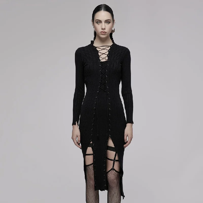 Women's Grunge Lacing-up Long Sleeved Knitted Dress