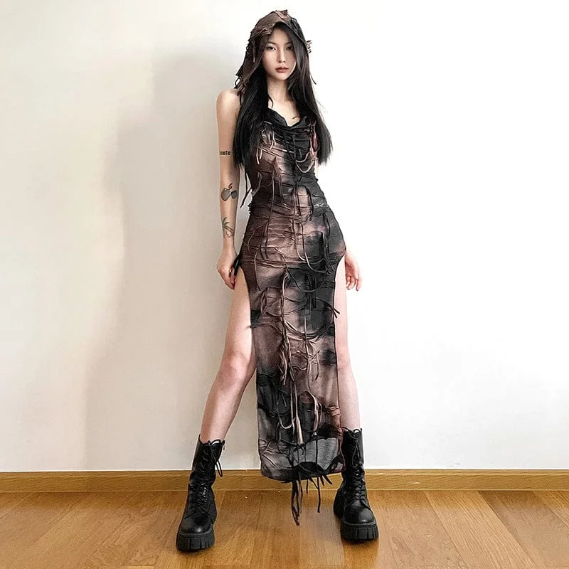 Women's Grunge Ripped Side Slit Dress with Hood