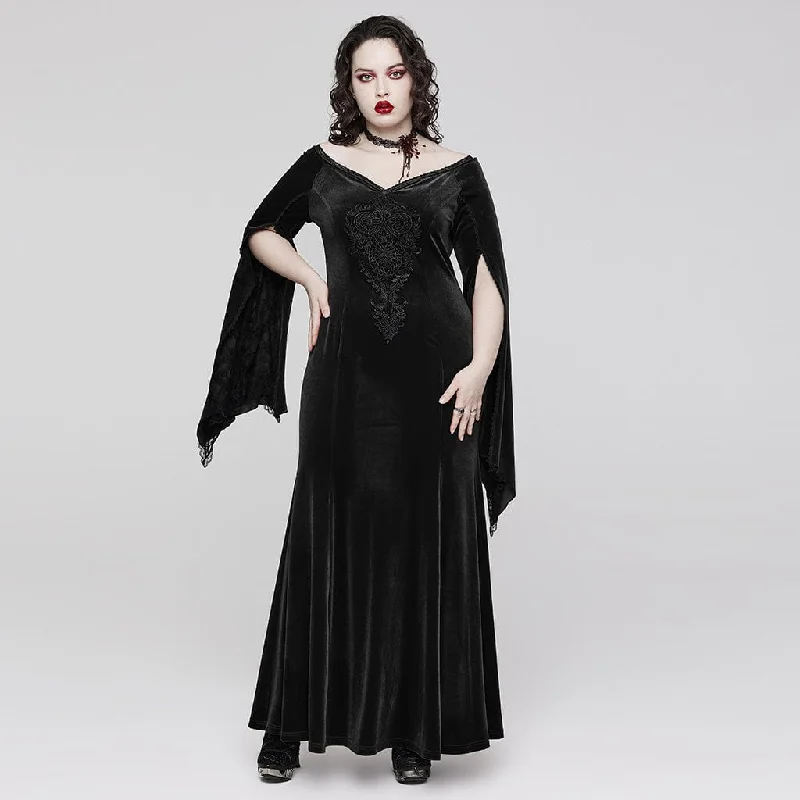 Women's Plus Size Gothic Flared Sleeved Floral Embroidered Velvet Wedding Dress