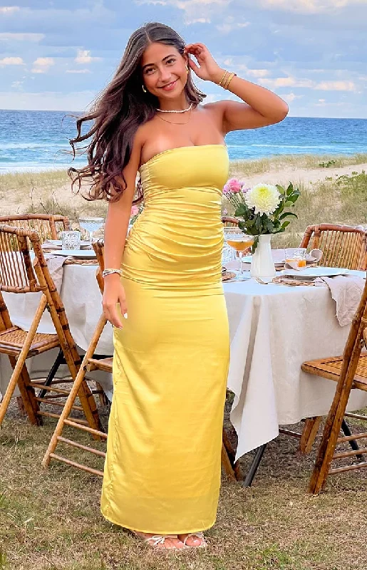 Yellow Bloom Satin Strapless Maxi Dress