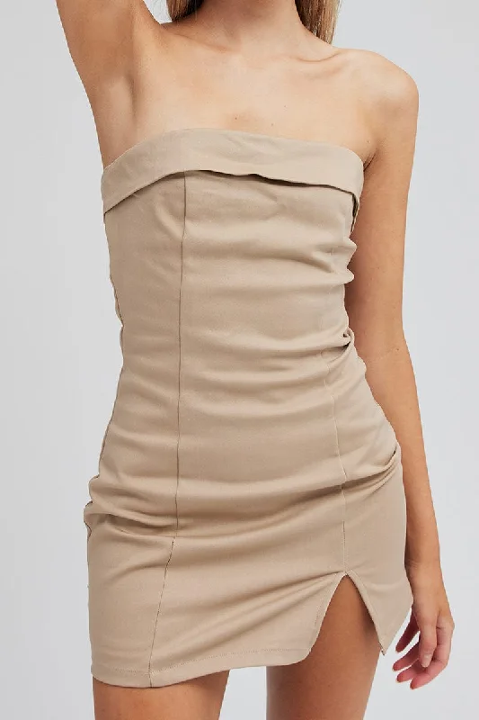 Beige Bodycon Dress Strapless Boob Tube Mini