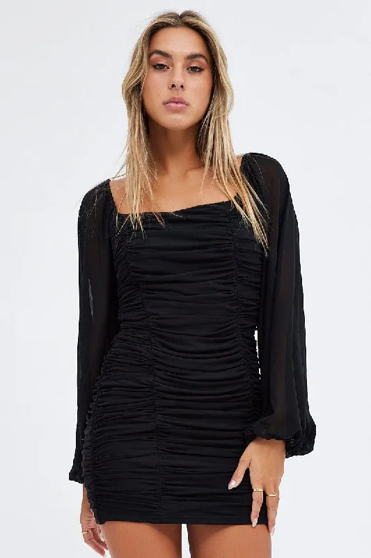 Black Bodycon Dress Long Sleeve Ruched Mesh