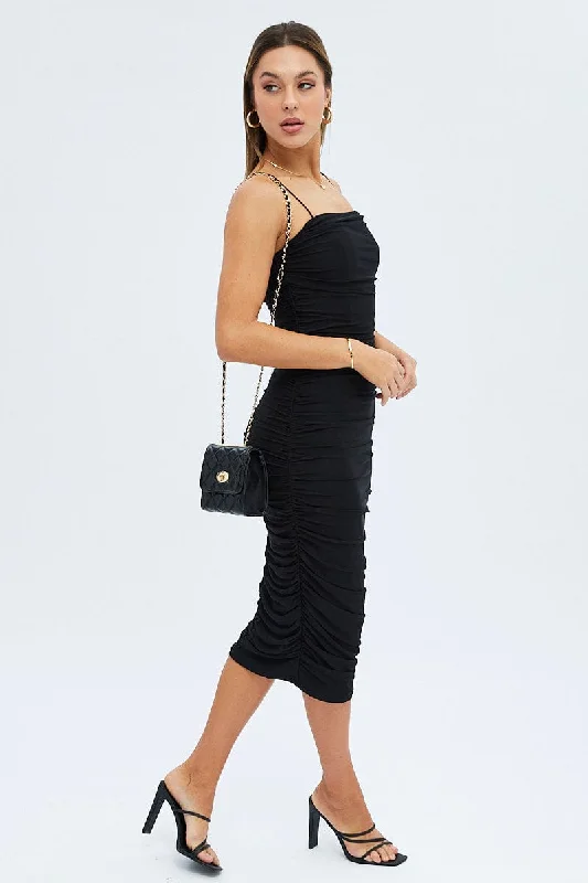 Black Bodycon Dress Rushed Midi Mesh