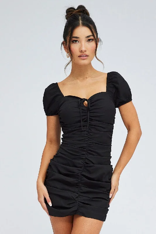 Black Bodycon Dress Short Sleeve Ruched