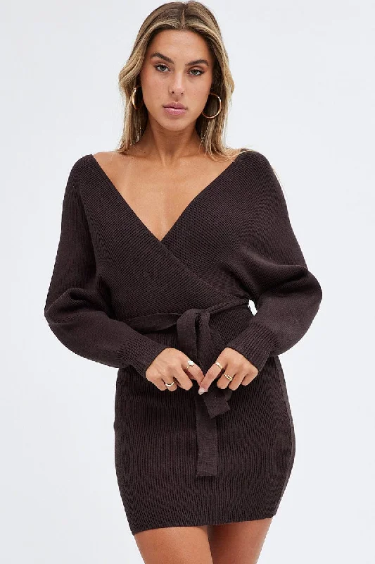 Brown Wrap Neck Knit Bodycon Dress