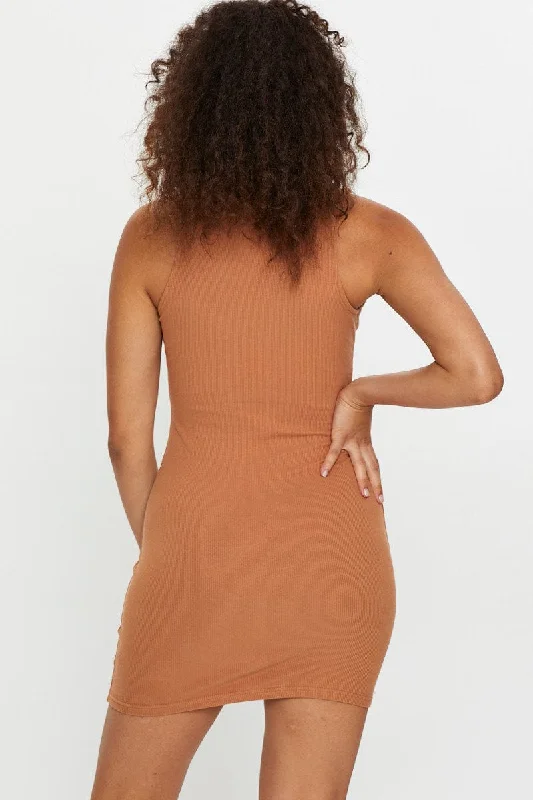 Brown Sleeveless Collared Bodycon Dress