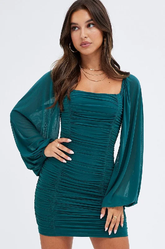 Green Bodycon Dress Long Sleeve Ruched Mesh