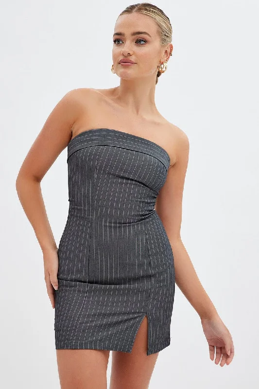 Grey Stripe Bodycon Dress Strapless Boob Tube Mini