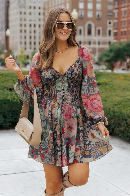 Navy Floral Print Mini Dress