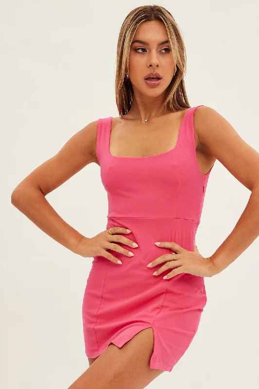 Pink Bodycon Dress Front Split Square Scoop Neck