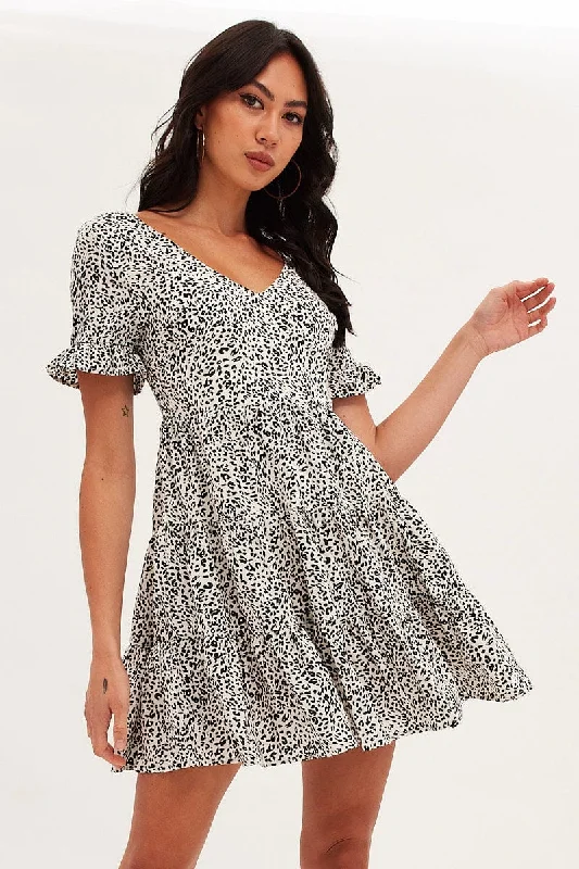 Print Geo Print Sun Dress Mini Short Sleeve V Neck Animal Print