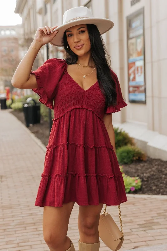 Wine Babydoll Smock Tiered Mini Dress