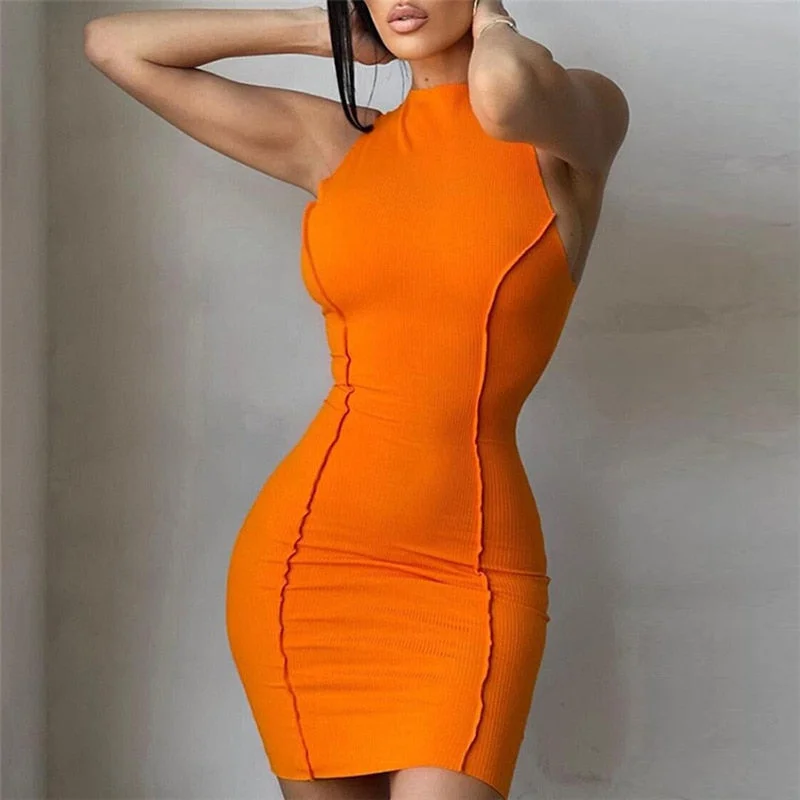 Amy Fashion - Soild Orange Sleeveless Sexy Bodycon Dress