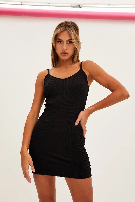 Black Bodycon Dress Sleeveless V-Neck Seamless