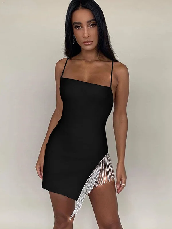 Amy Fashion - Diamond Tassel Strap Party Vacation Beach Mini Bodycon Dress