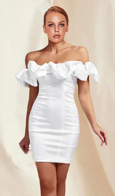 WHITE OFF SHOULDER FRILL MINI BODYCON DRESS