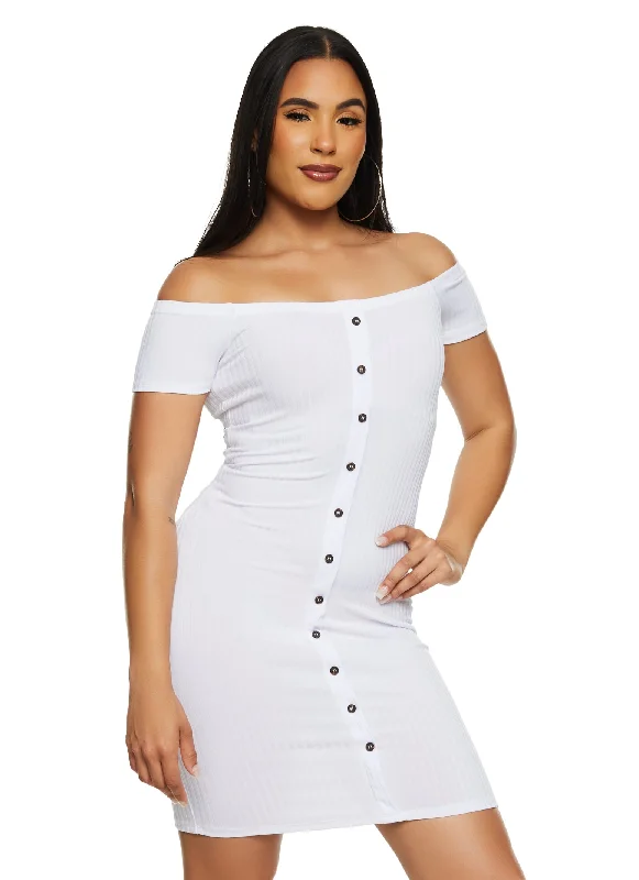 Off the Shoulder Button Detail Bodycon Dress